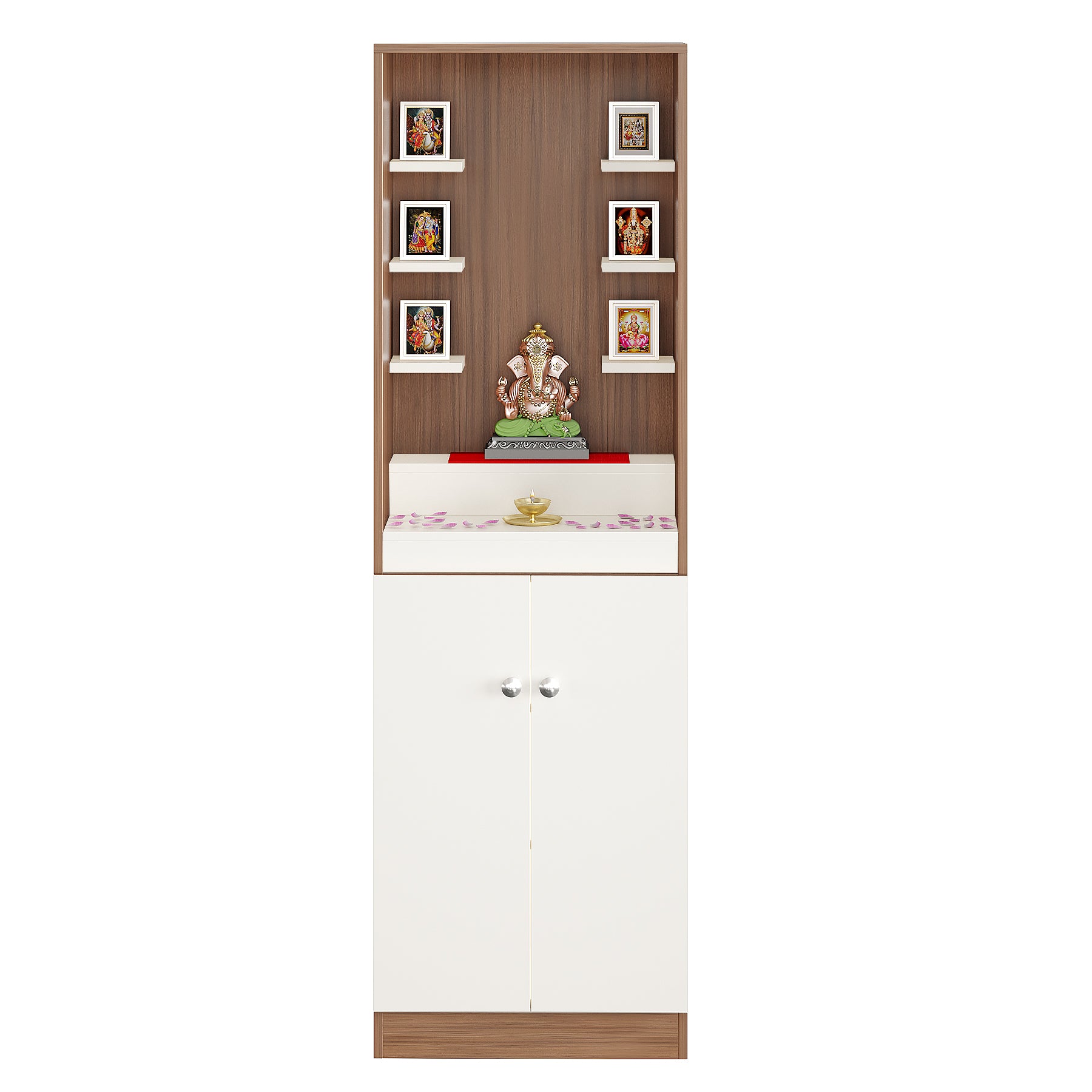 Adya Pooja Mandir for Home, Modern Temple for Home & Office, Prayer Cabinet Puja Stand Shelf in Exotic Teak & White Finish
