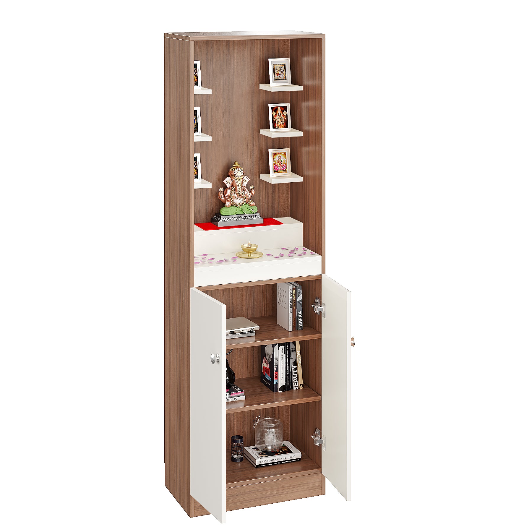 Adya Pooja Mandir for Home, Modern Temple for Home & Office, Prayer Cabinet Puja Stand Shelf in Exotic Teak & White Finish