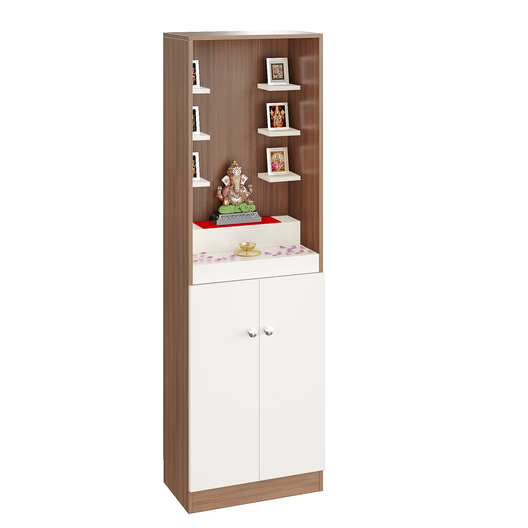 Adya Pooja Mandir for Home, Modern Temple for Home & Office, Prayer Cabinet Puja Stand Shelf in Exotic Teak & White Finish