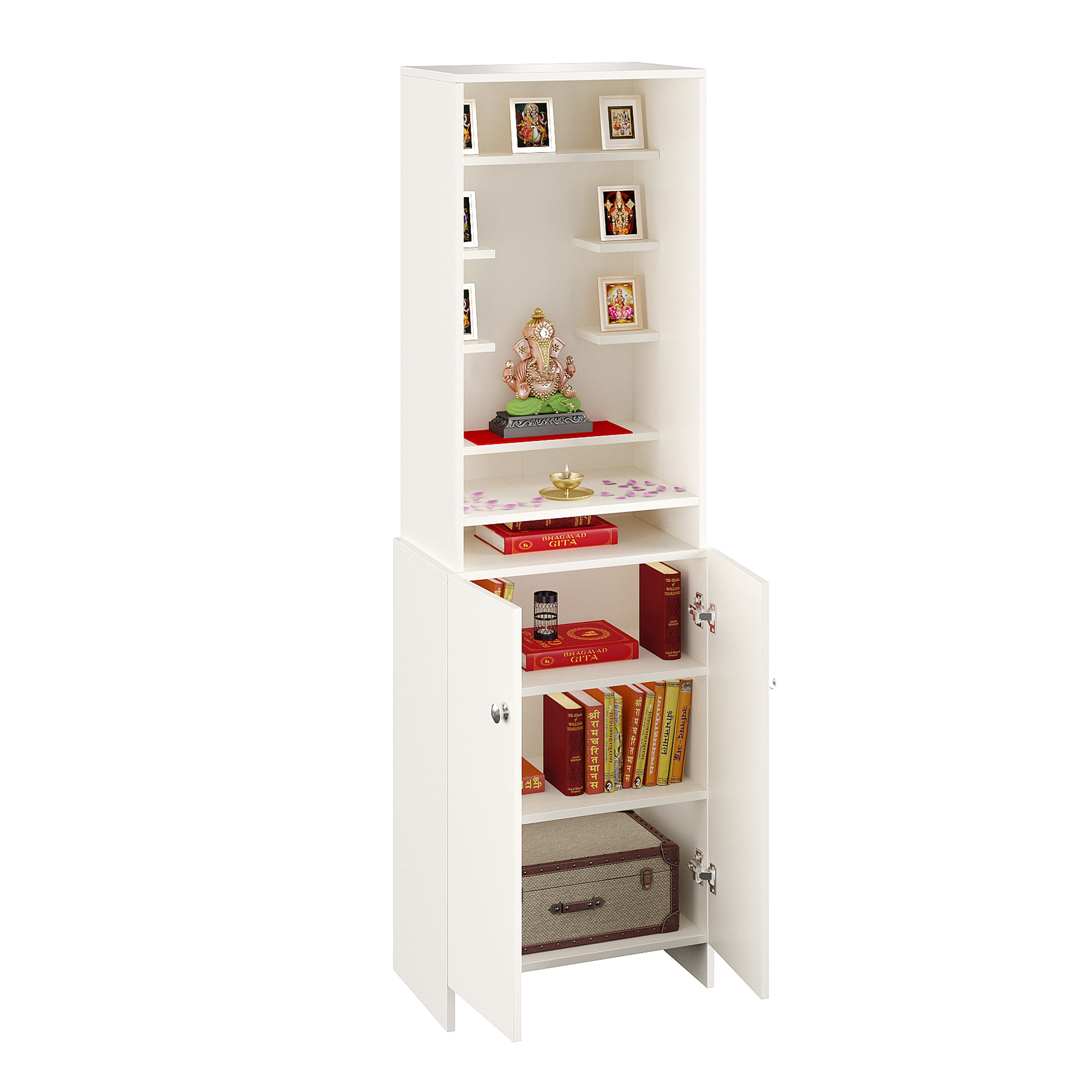 Shrisha Pooja Mandir for Home, Modern Temple for Home & Office, Prayer Cabinet Puja Stand Shelf in White Finish