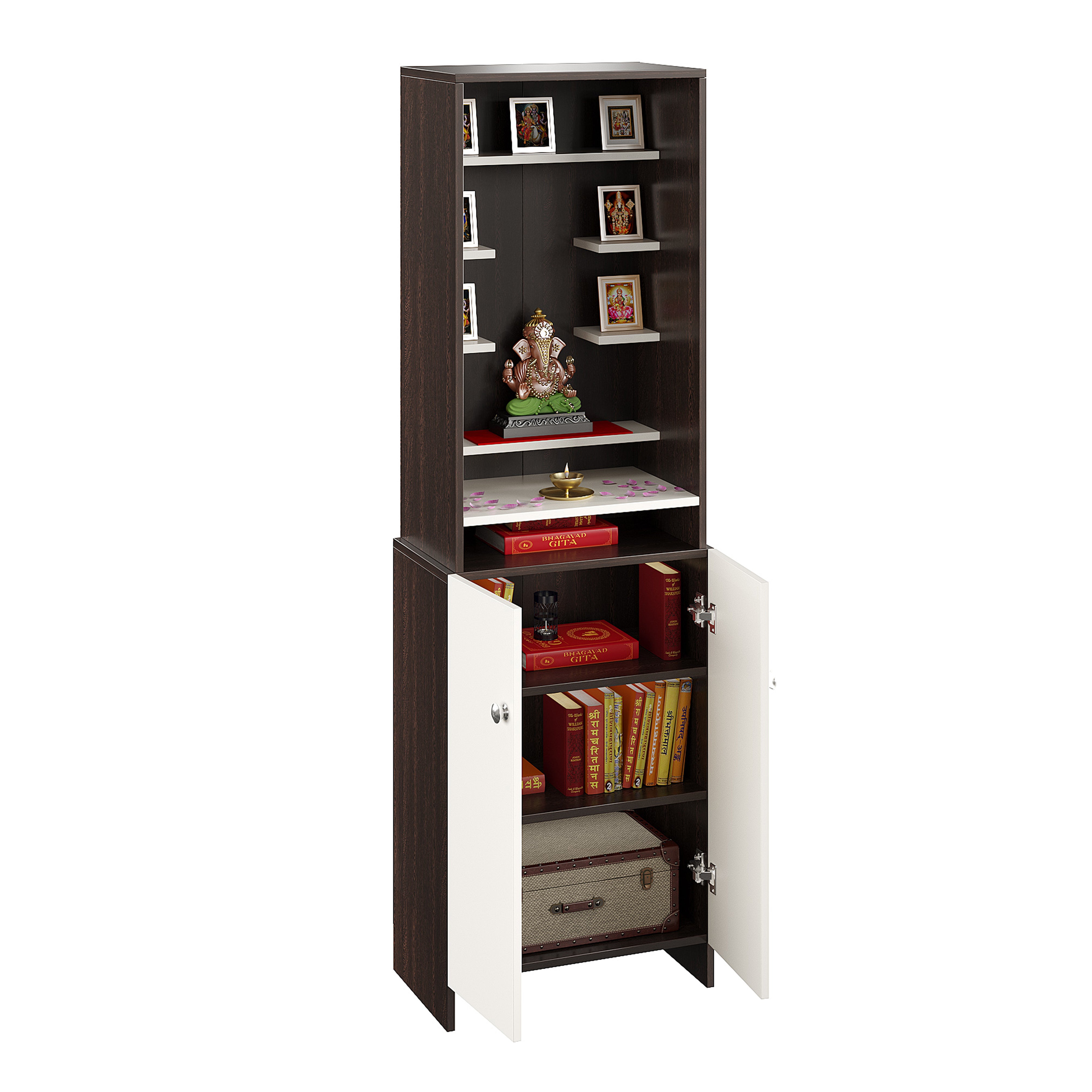 Shrisha Pooja Mandir for Home, Modern Temple for Home & Office, Prayer Cabinet Puja Stand Shelf in Wenge & White Finish