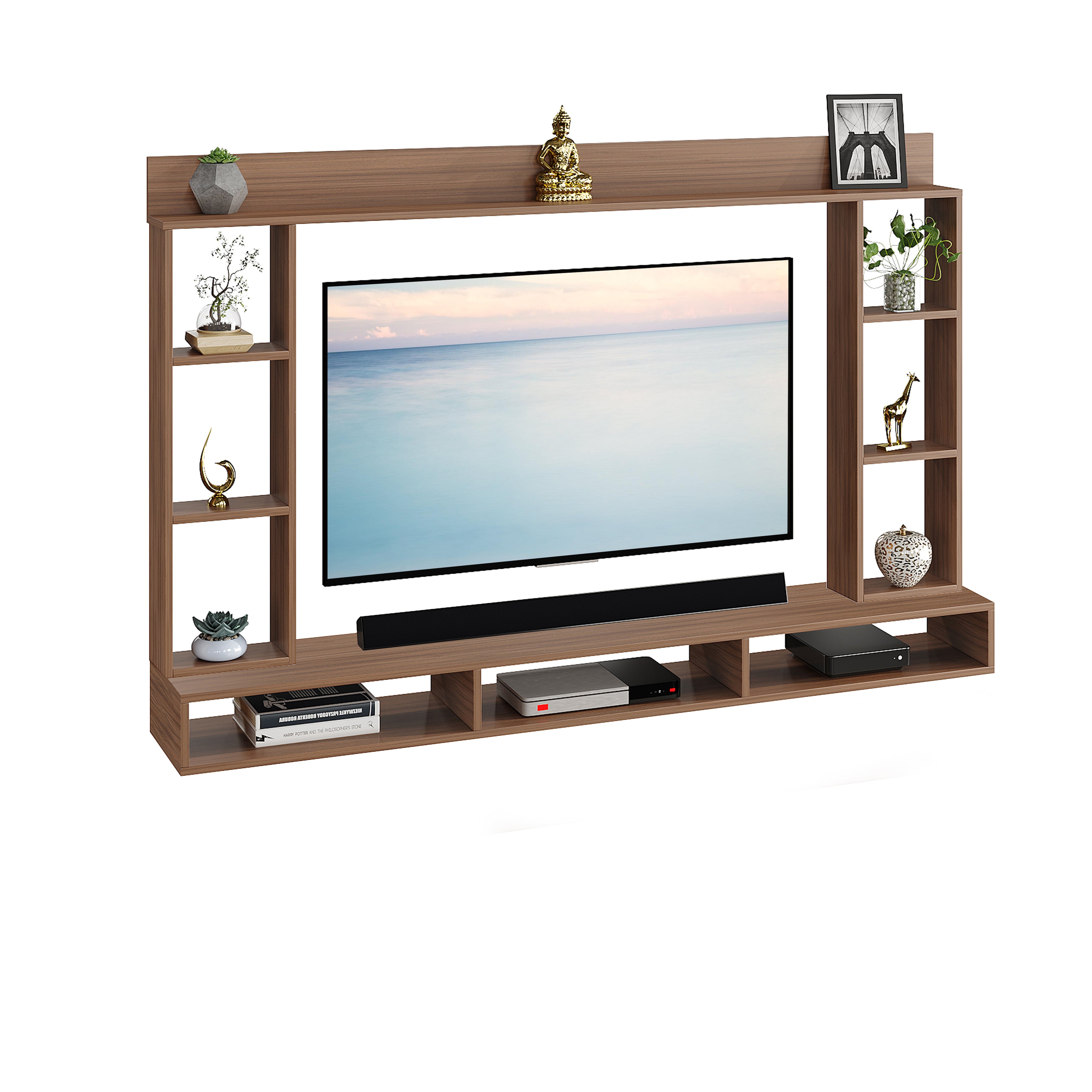 FURNEASER Paul Engineered Wood Wall-Mount TV Unit for Living Room, Set Top Box Stand, Entertainment Unit with Display Shelves, for Upto 43 Inch TV (Exotic teak)