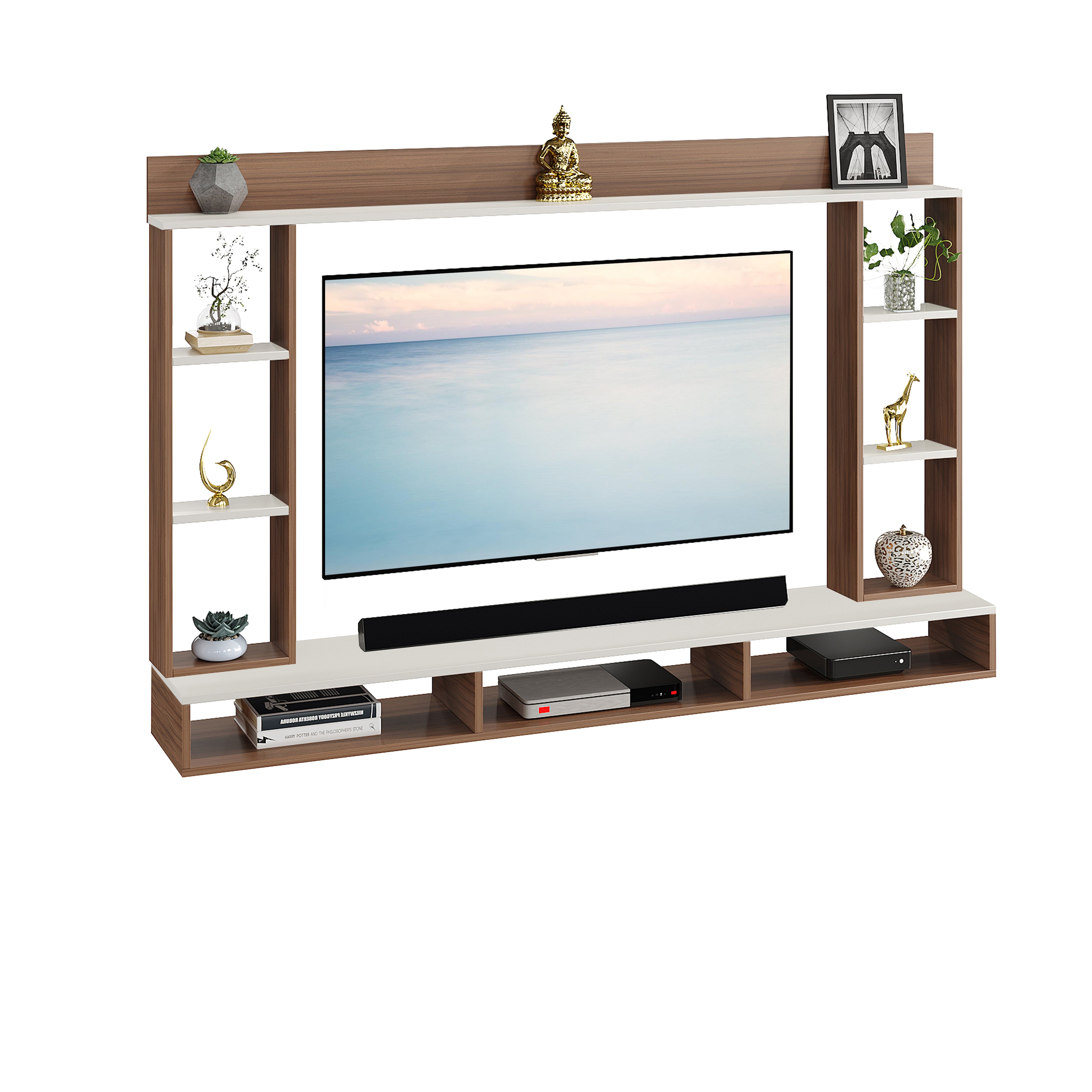 FURNEASER Paul Engineered Wood Wall-Mount TV Unit for Living Room, Set Top Box Stand, Entertainment Unit with Display Shelves, for Upto 43 Inch TV ( Exotic teak & White)