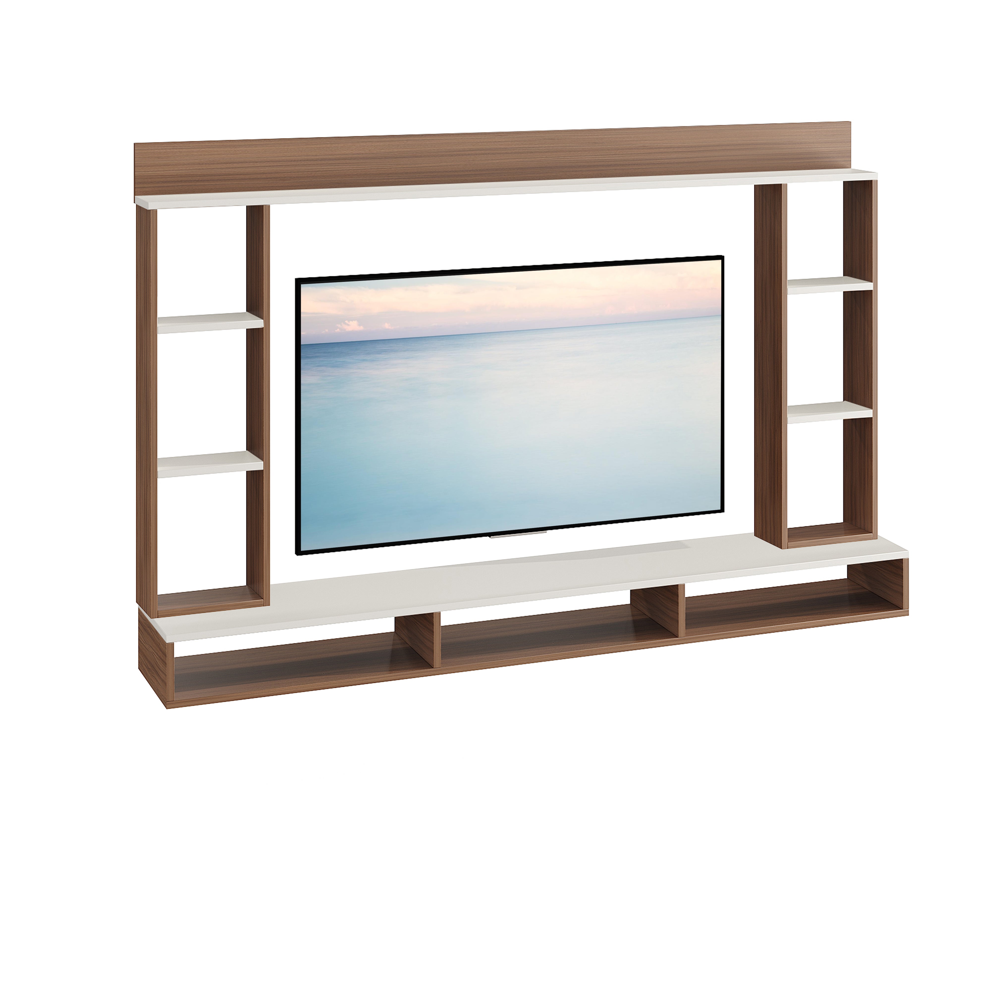 FURNEASER Paul Engineered Wood Wall-Mount TV Unit for Living Room, Set Top Box Stand, Entertainment Unit with Display Shelves, for Upto 43 Inch TV ( Exotic teak & White)