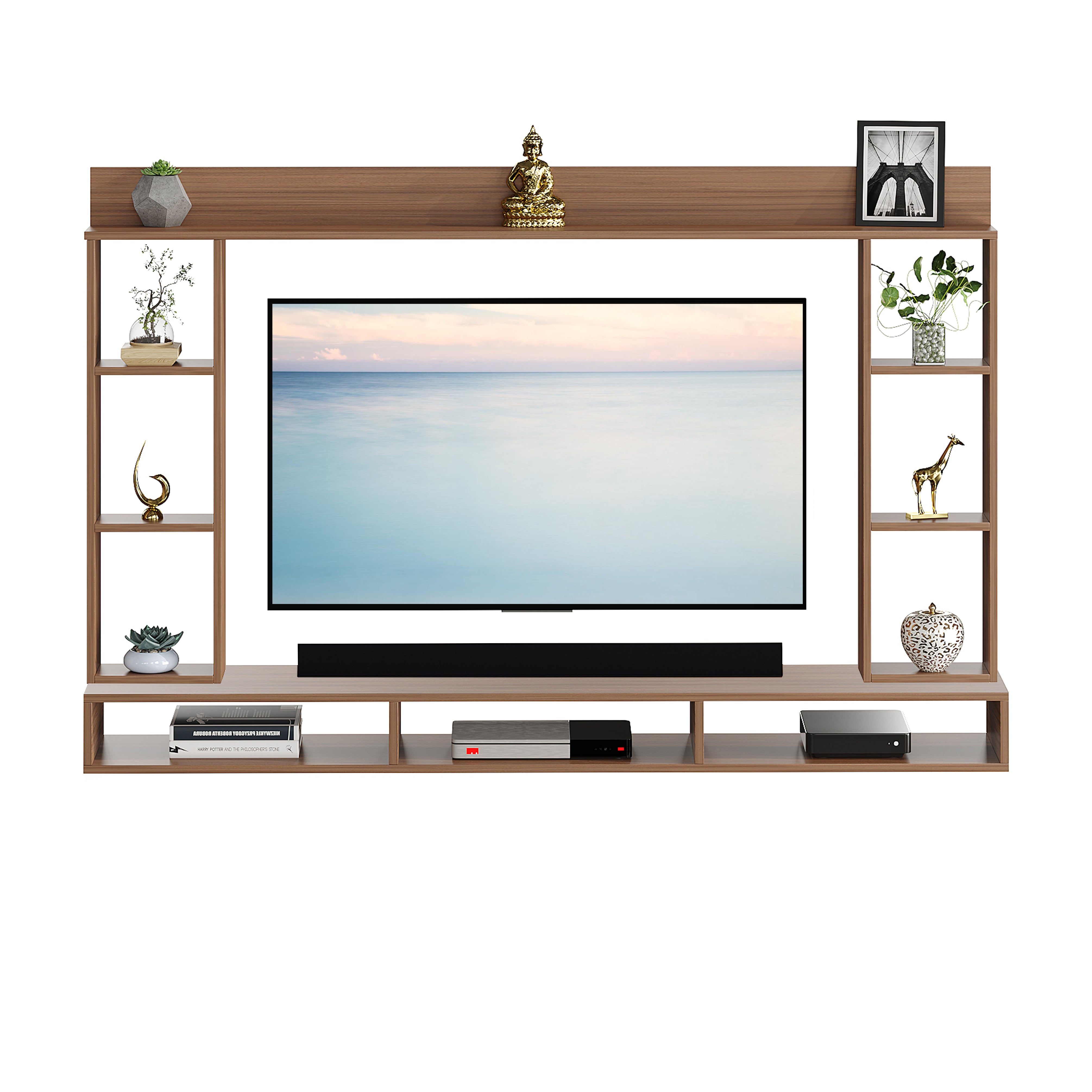FURNEASER Paul Engineered Wood Wall-Mount TV Unit for Living Room, Set Top Box Stand, Entertainment Unit with Display Shelves, for Upto 43 Inch TV (Exotic teak)