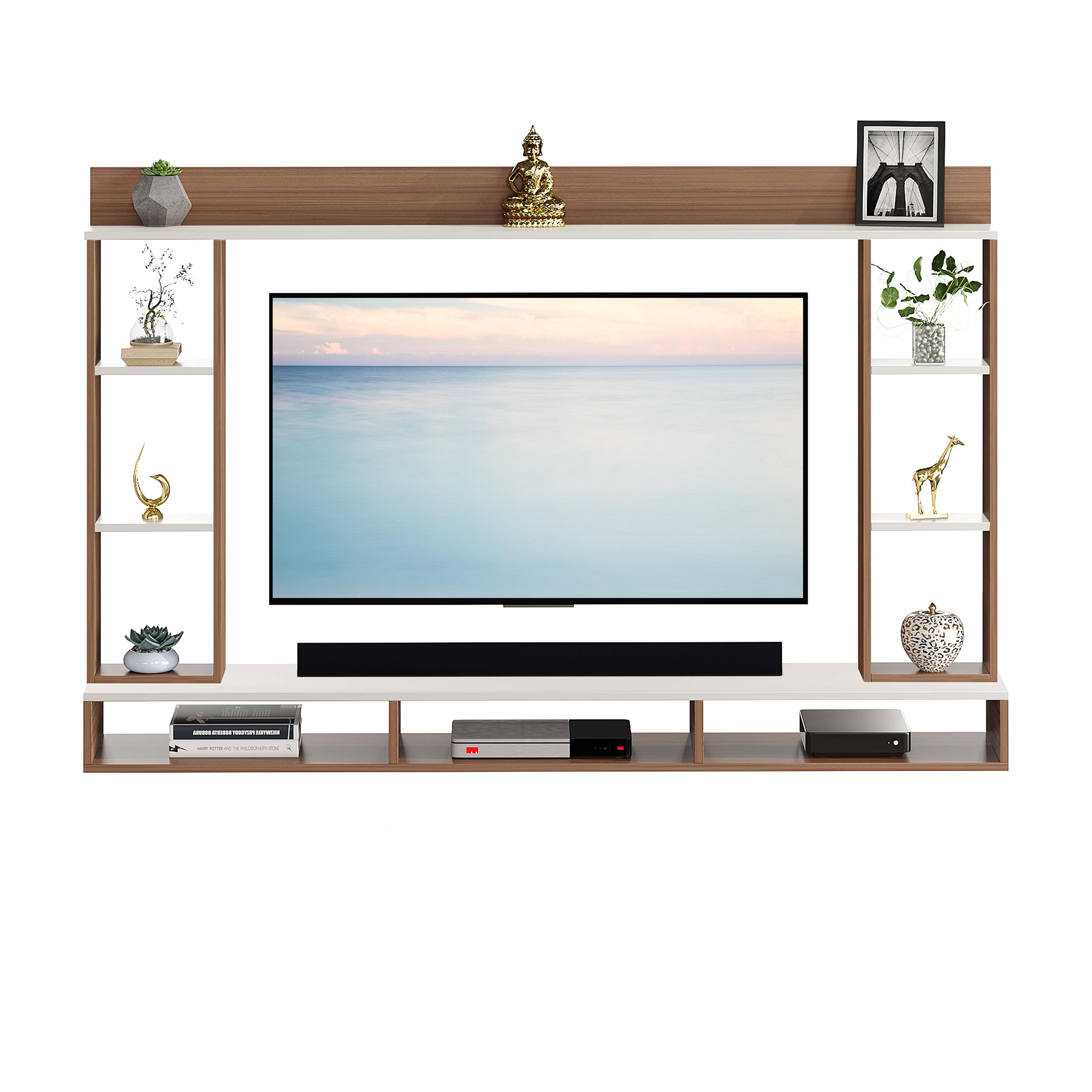 FURNEASER Paul Engineered Wood Wall-Mount TV Unit for Living Room, Set Top Box Stand, Entertainment Unit with Display Shelves, for Upto 43 Inch TV ( Exotic teak & White)
