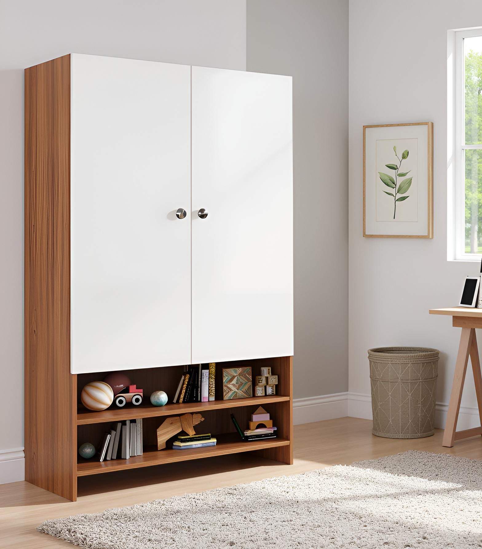 WOODWIDER Yosha Wardrobe for Kids, Baby Almirah for Clothes, Baby Storage Organizer, Cupboard for Clothes, Kids Wardrobe for Clothes/Toys/Books (Exotic Teak & White)