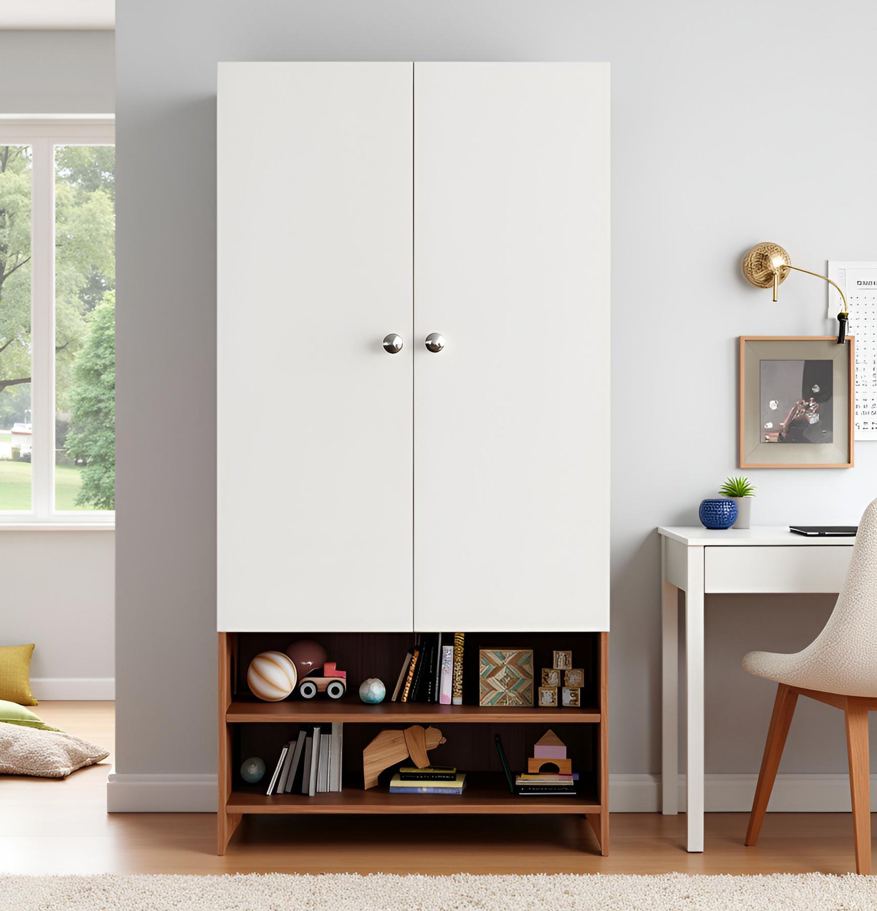 WOODWIDER Yosha Wardrobe for Kids, Baby Almirah for Clothes, Baby Storage Organizer, Cupboard for Clothes, Kids Wardrobe for Clothes/Toys/Books (Exotic Teak & White)