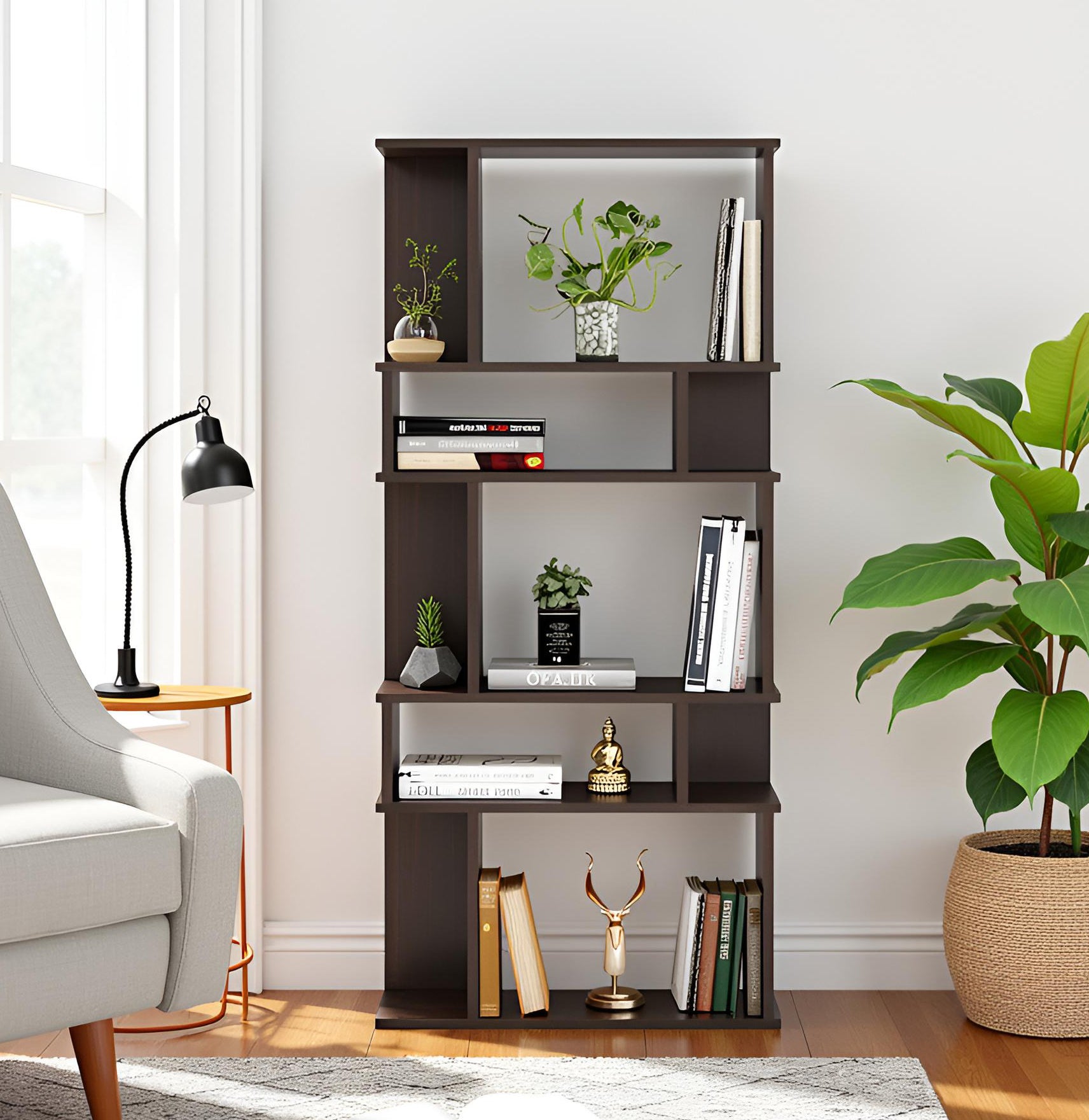Adison Wooden Book Shelf for Books, Book Shelf Rack for Home Library, Corner Shelf for Living Room, Study Room & Office Furniture (Wenge)