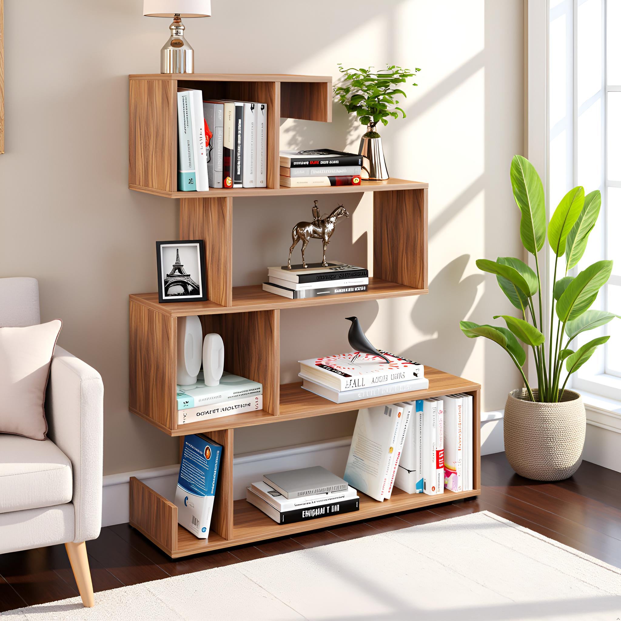 Allesia Wooden Book Shelf for Books, Book Shelf Rack for Home Library, Corner Shelf for Living Room, Study Room & Office Furniture (Exotic Teak)