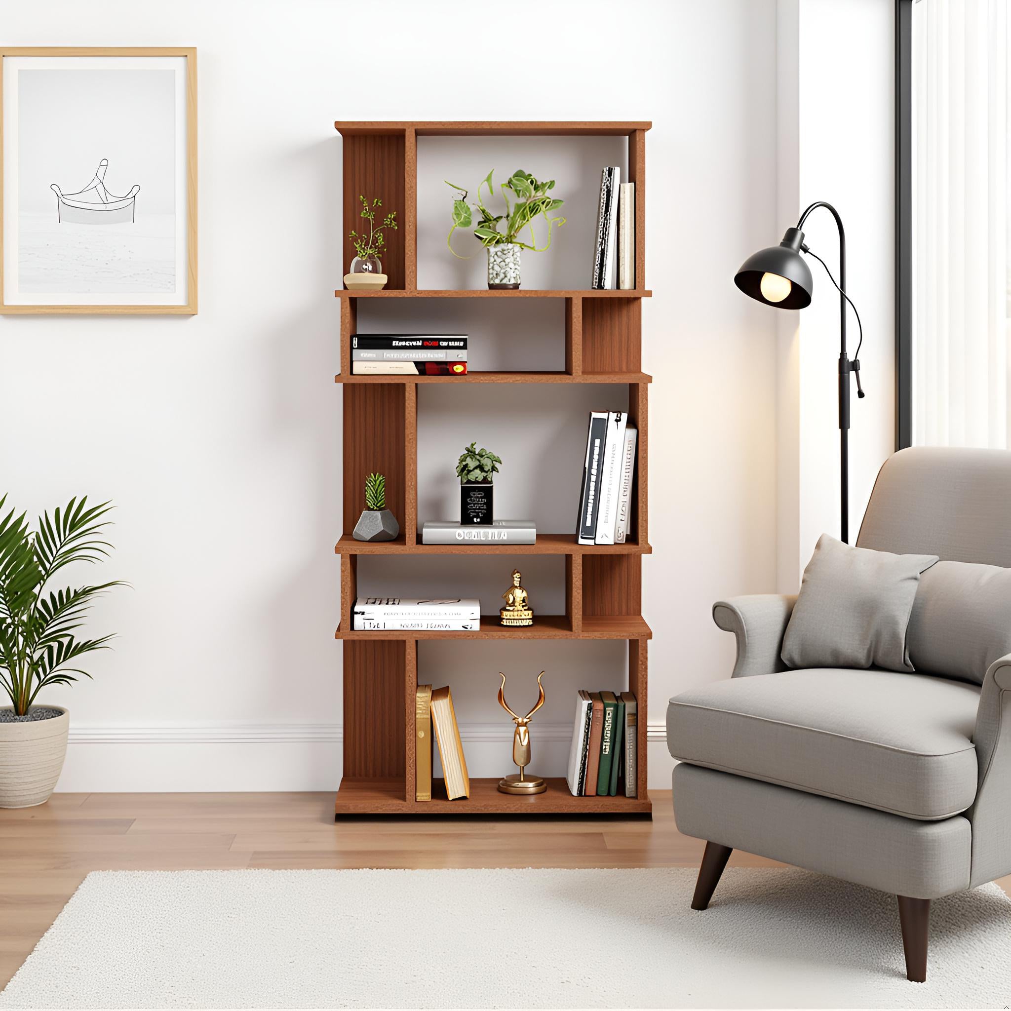 Adison Wooden Book Shelf for Books, Book Shelf Rack for Home Library, Corner Shelf for Living Room, Study Room & Office Furniture (Exotic Teak)