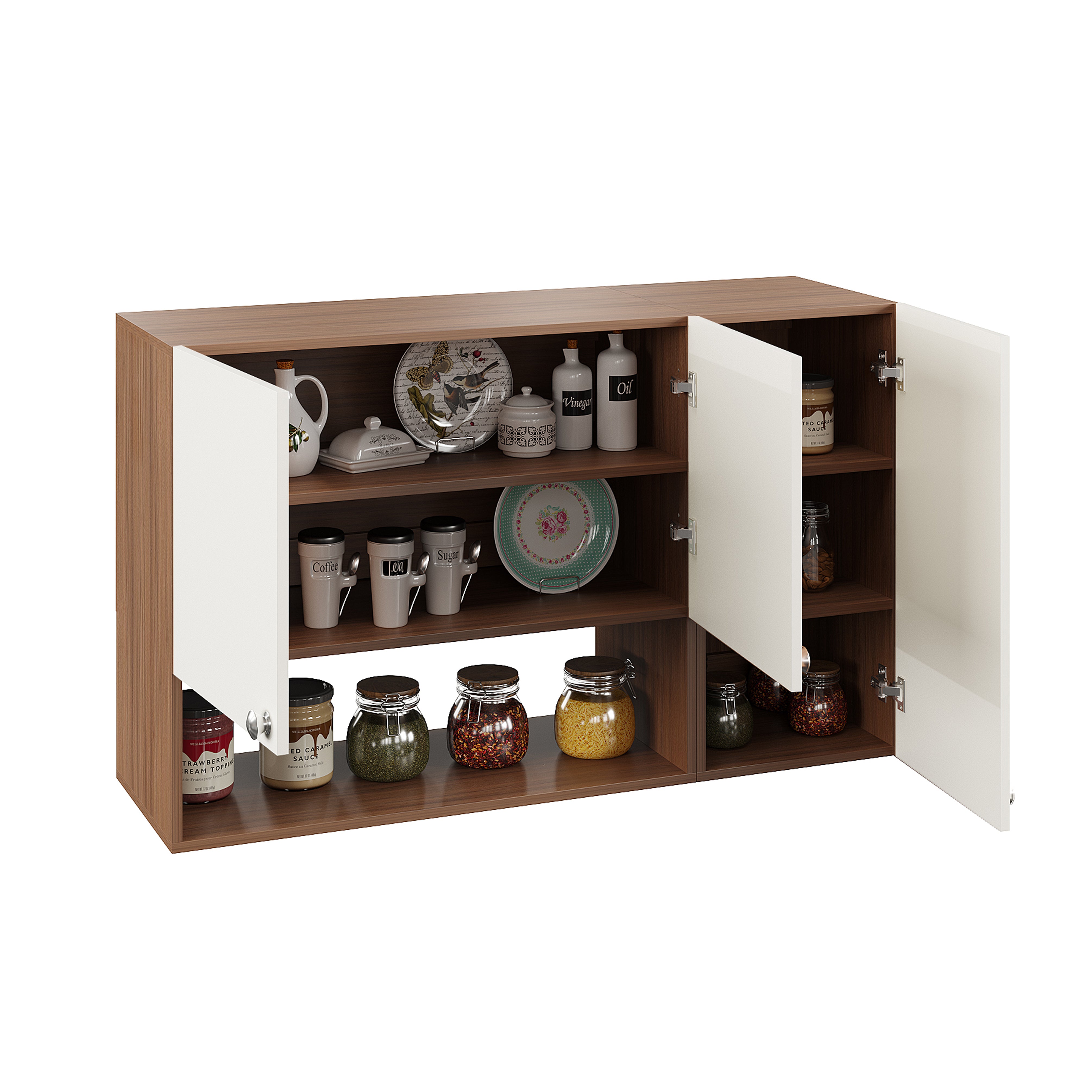 Diana Wall Mount Wooden Kitchen Cabinet Storage Rack Shelf Organizer with Door in Exotic Teak & White Finish