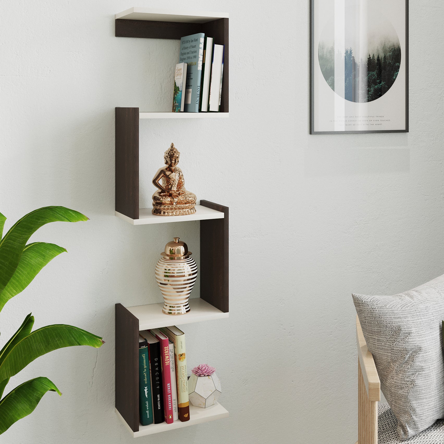 Winsen Wall Mount Wooden Book Shelf for Books, Book Shelf Rack for Home Library, Corner Shelf for Living Room, Study Room & Office Furniture (Wenge & White)