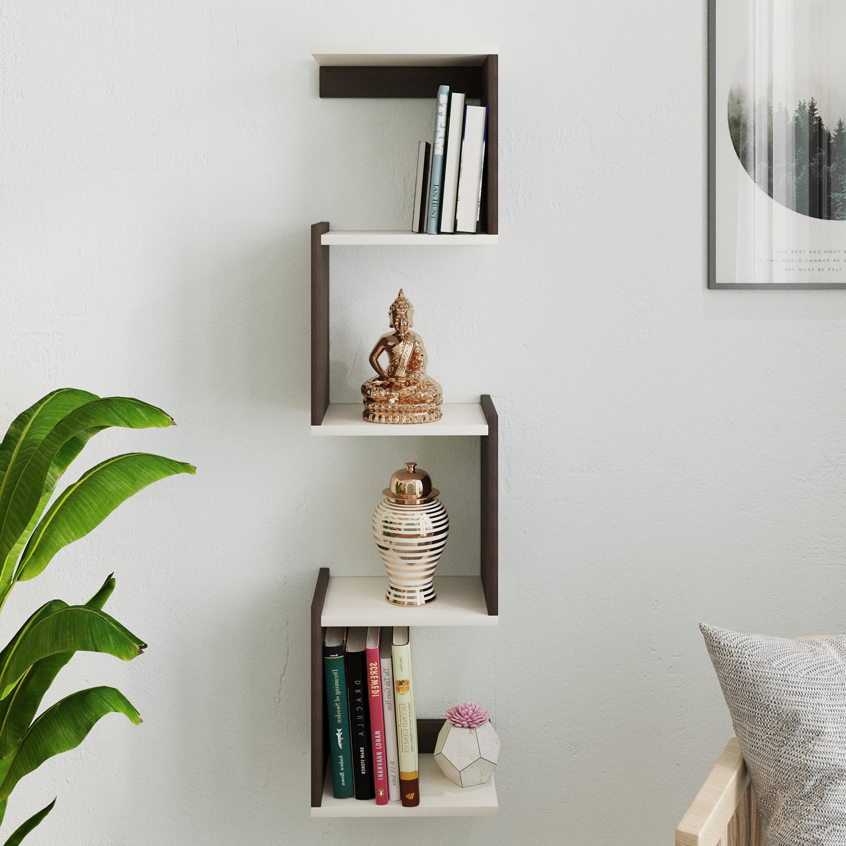 Winsen Wall Mount Wooden Book Shelf for Books, Book Shelf Rack for Home Library, Corner Shelf for Living Room, Study Room & Office Furniture (Wenge & White)