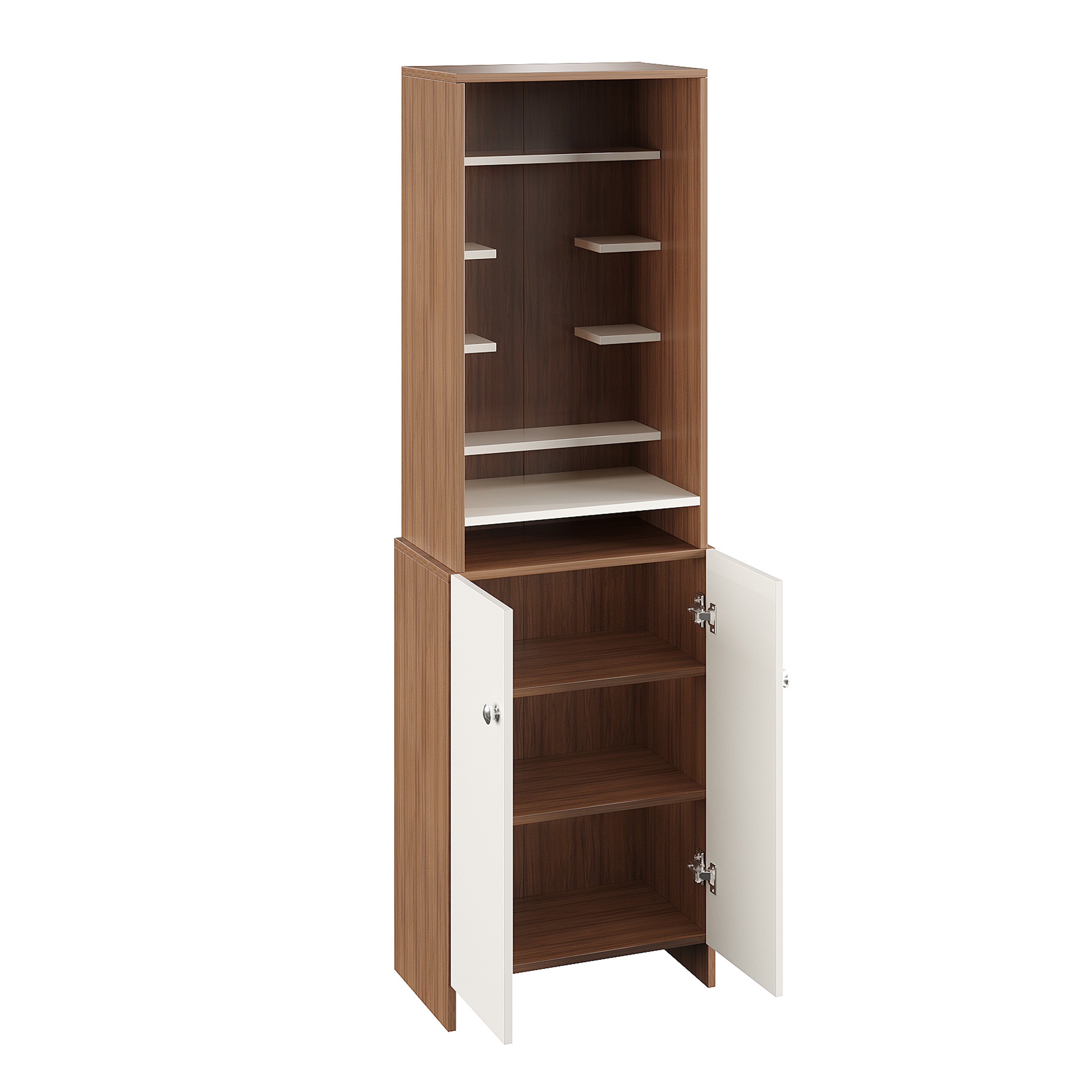 Shrisha Mandir for Home, Modern Temple for Home & Office, Prayer Cabinet Puja Stand Shelf in Exotic Teak & White