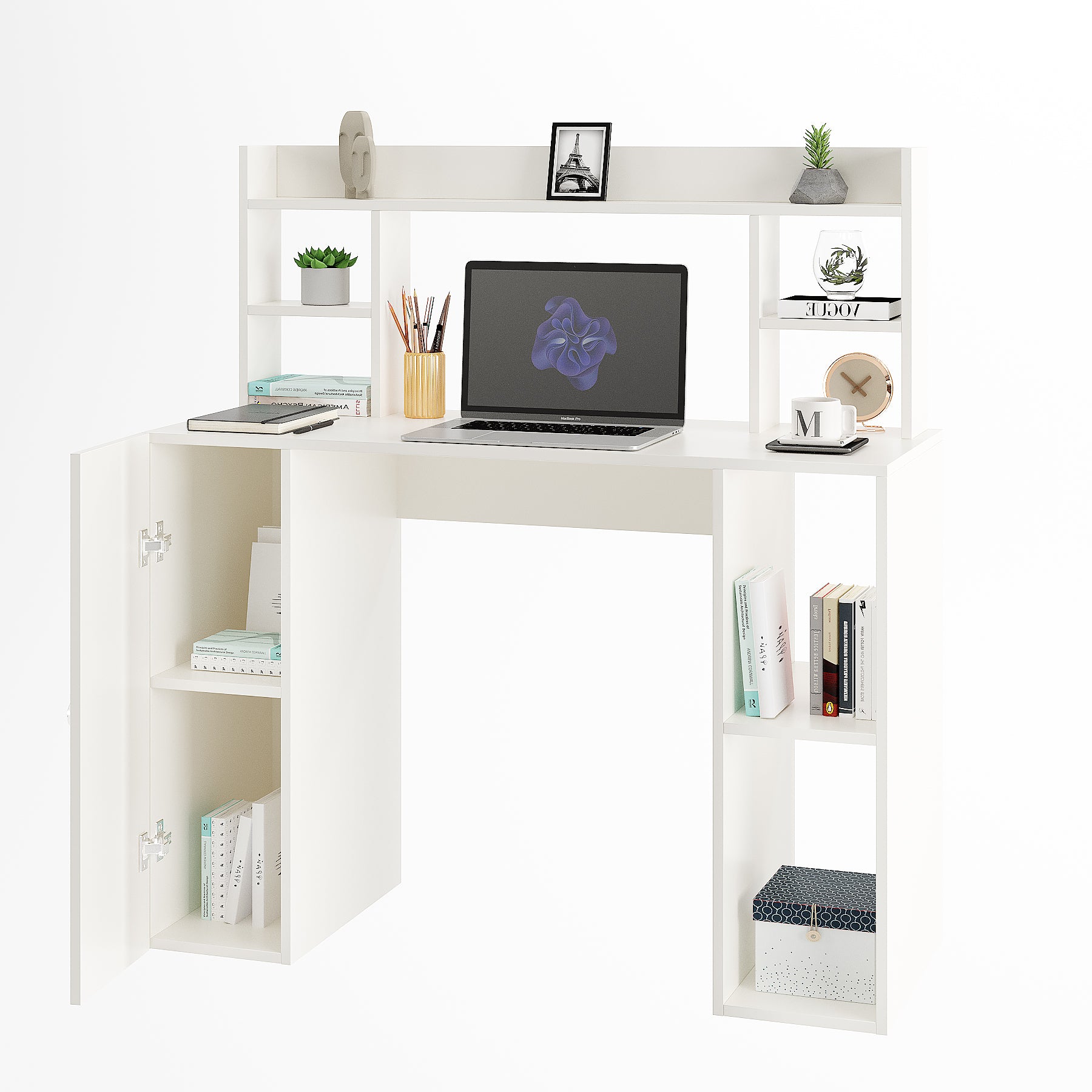WOODWIDER Ximena Wooden Study Table, Workstation, Computer, Laptop, WFH Office Desk, Gaming Table with Storage, White
