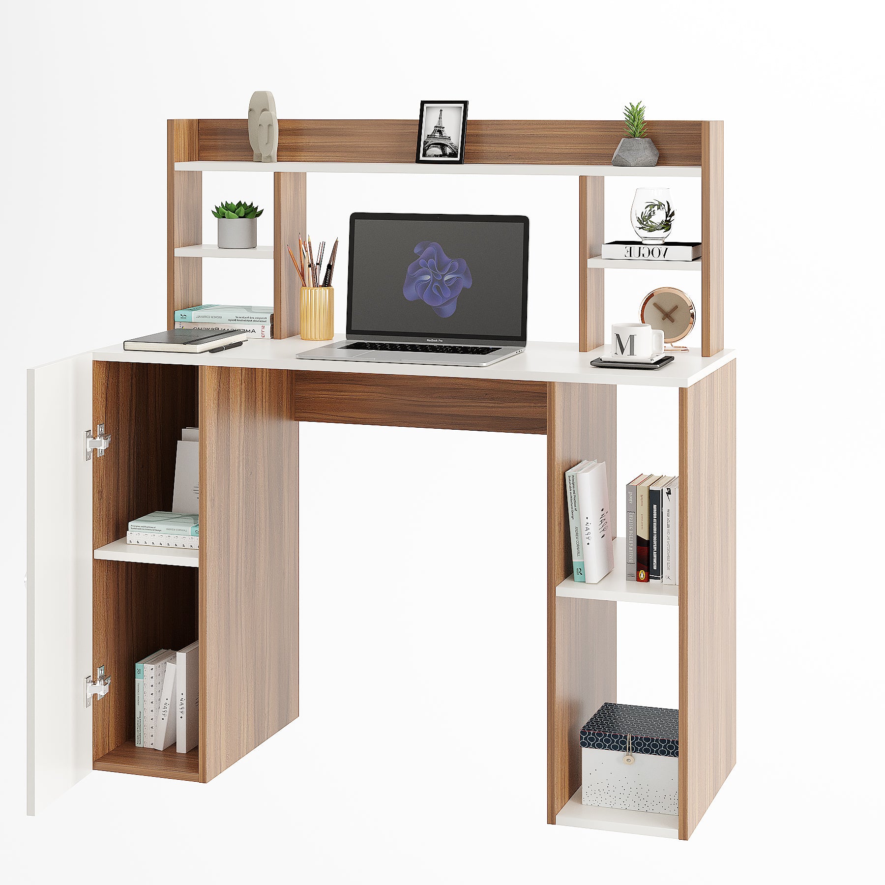 WOODWIDER Ximena Wooden Study Table, Workstation, Computer, Laptop, WFH Office Desk, Gaming Table with Storage, Exotic Teak & White