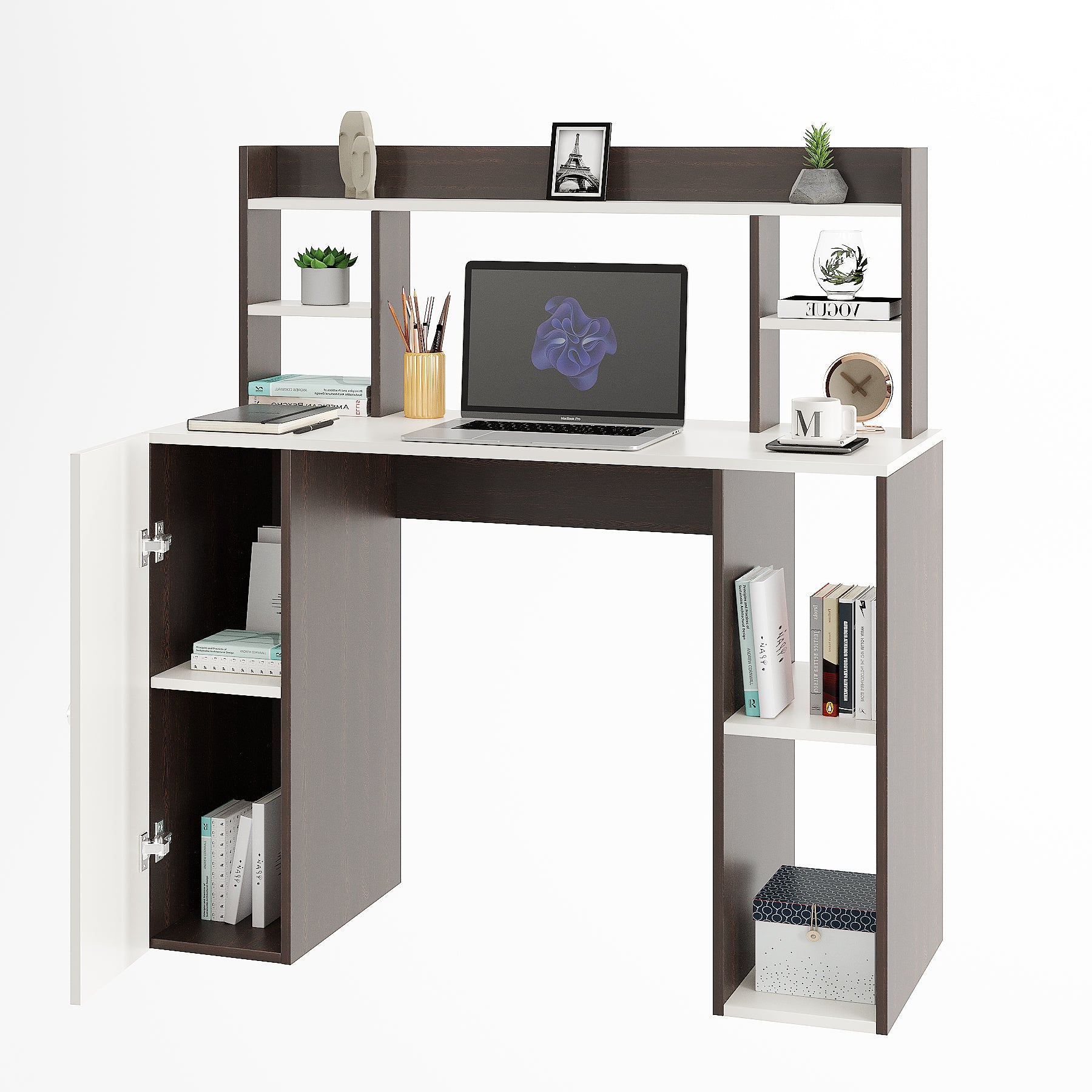 WOODWIDER Ximena Wooden Study Table, Workstation, Computer, Laptop, WFH Office Desk, Gaming Table with Storage, Wenge & White