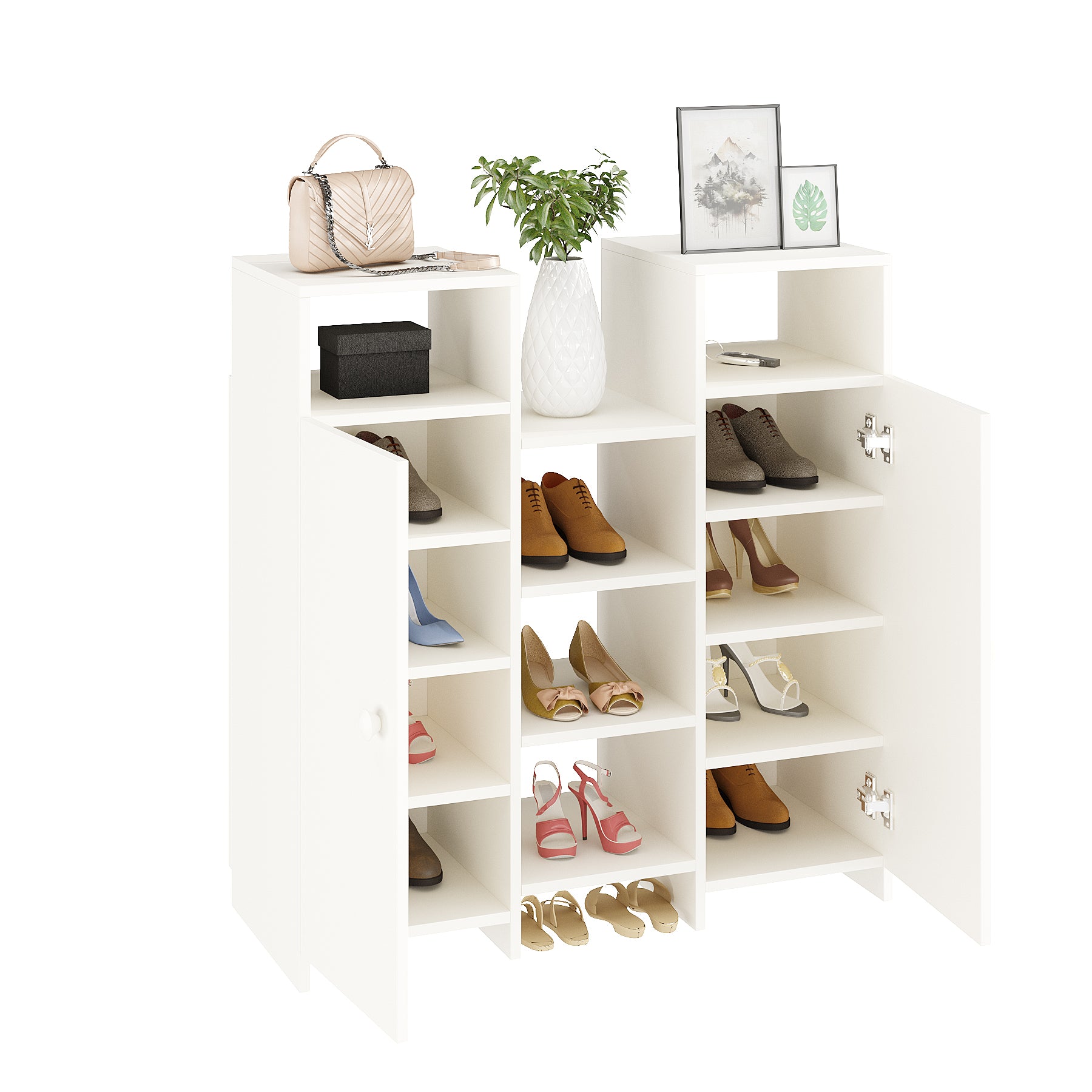 WOODWIDER Calis Wooden Shoe Rack for Home Storage Organizer Shoe Rack Cabinet Slipper Footwear Stand Rack 14 Shelves, Store Up to 16 Pairs (White)
