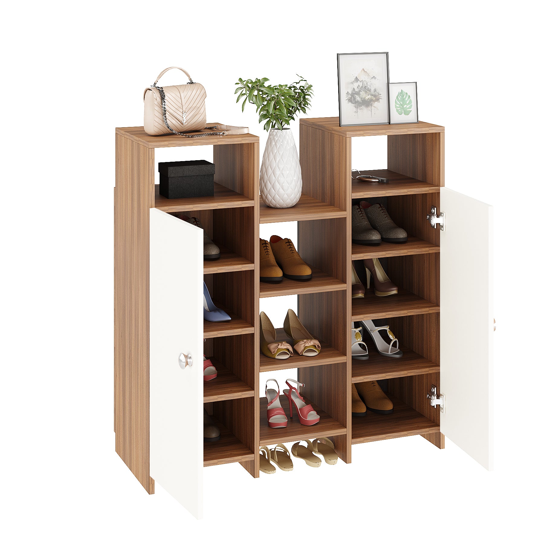 WOODWIDER Calis Wooden Shoe Rack for Home Storage Organizer Shoe Rack Cabinet Slipper Footwear Stand Rack 14 Shelves, Store Up to 16 Pairs (Exotic Teak & White )