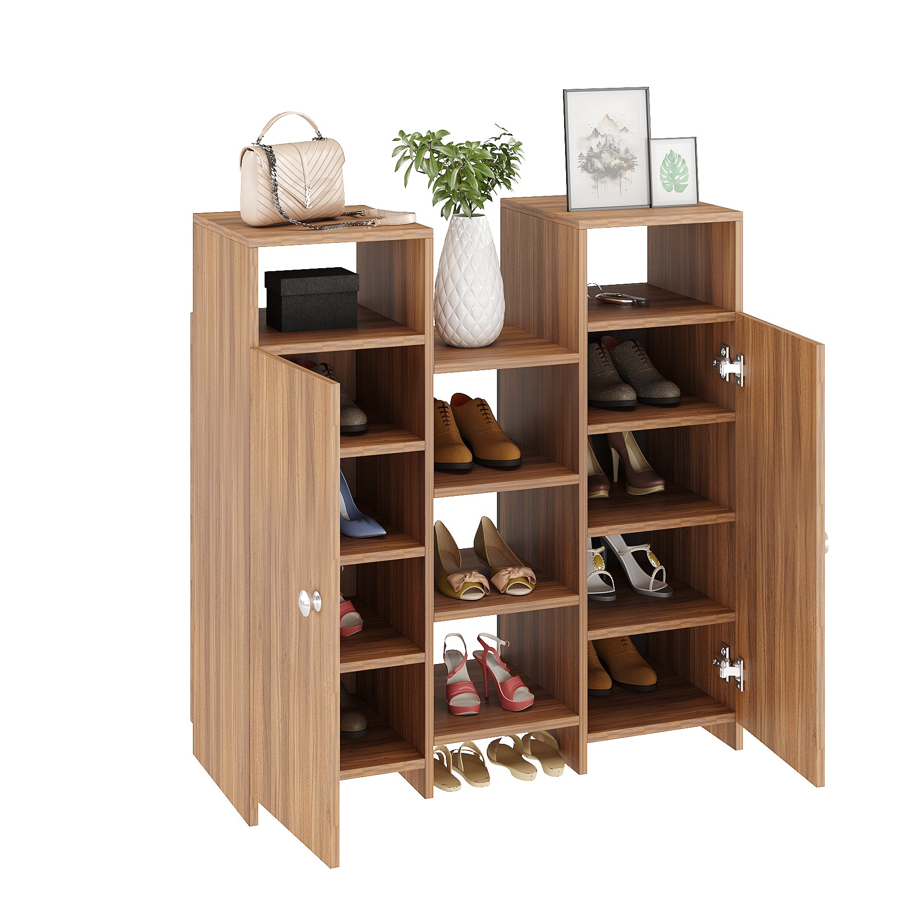 WOODWIDER Calis Wooden Shoe Rack for Home Storage Organizer Shoe Rack Cabinet Slipper Footwear Stand Rack 14 Shelves, Store Up to 16 Pairs (Exotic Teak)