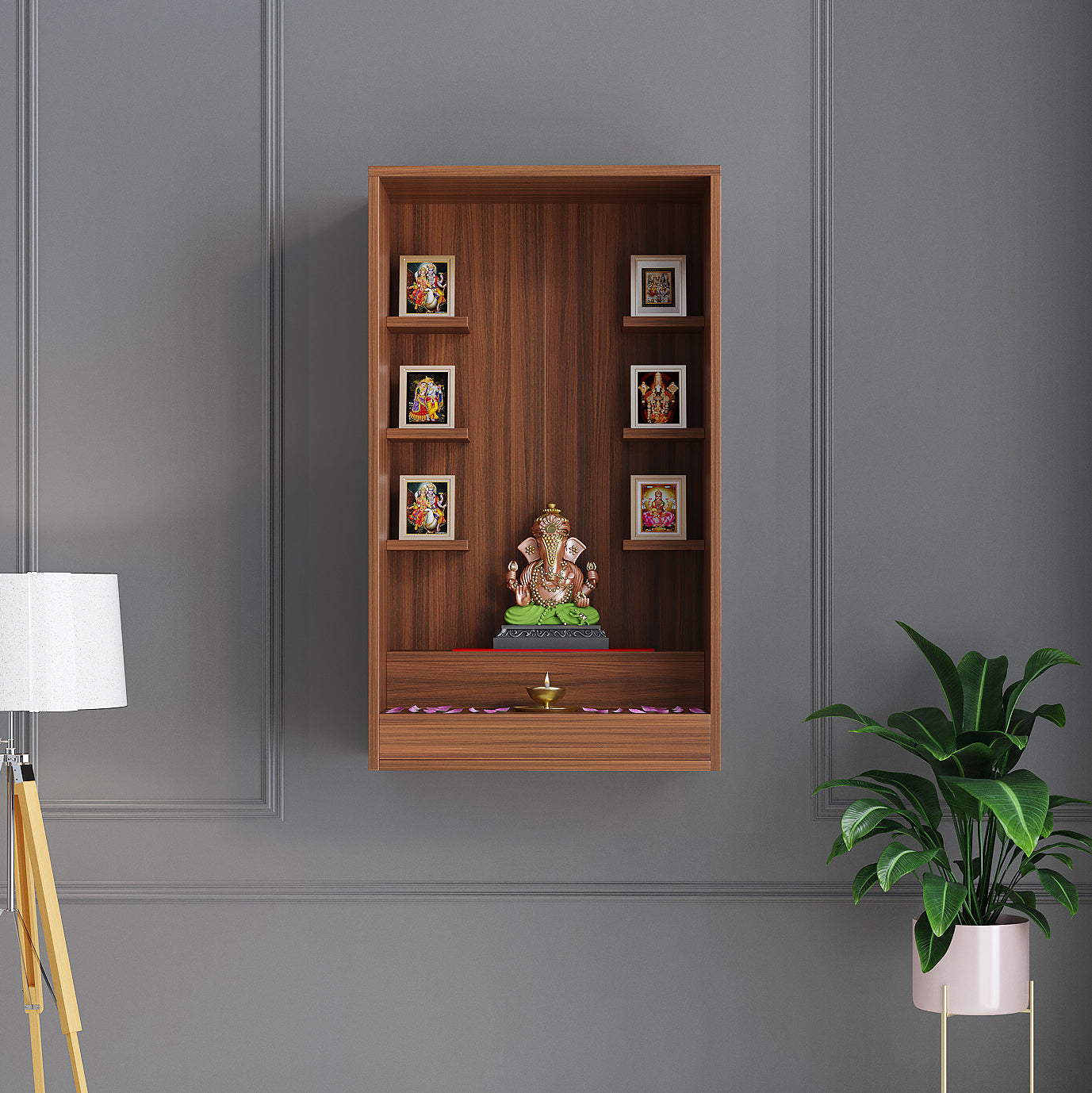 Ketki Pooja Mandir for Home, Modern Temple for Home & Office, Wall-Mount Puja Stand Shelf Exotic Teak Finish