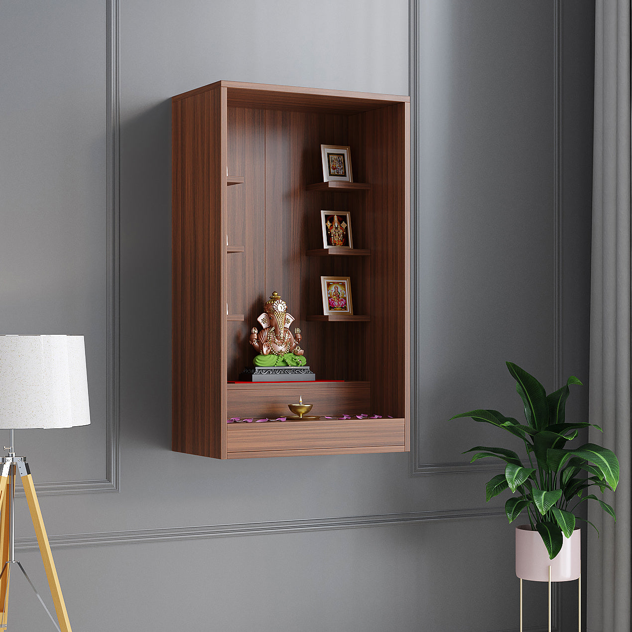 Ketki Pooja Mandir for Home, Modern Temple for Home & Office, Wall-Mount Puja Stand Shelf Exotic Teak Finish