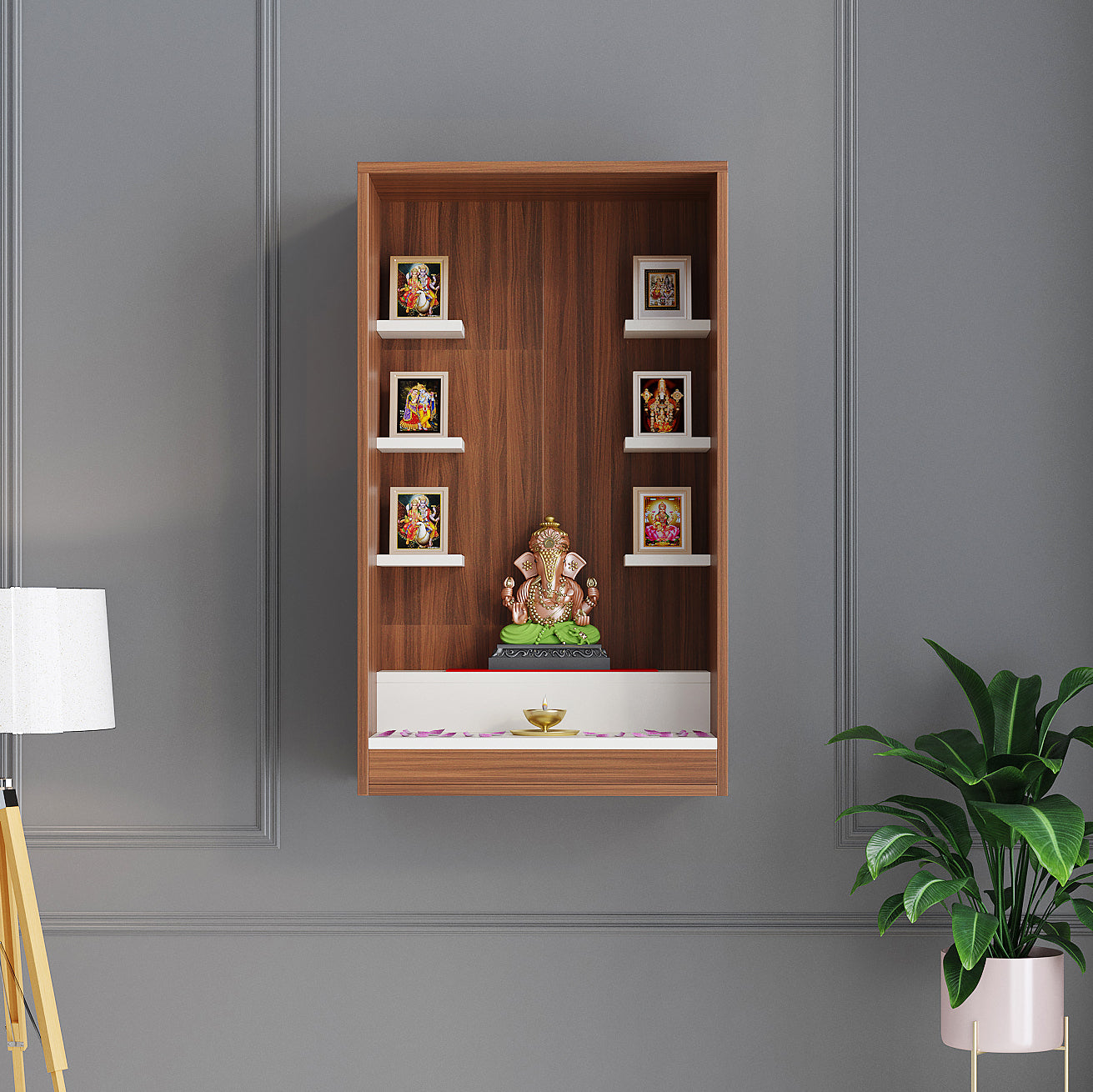 Ketki Pooja Mandir for Home, Modern Temple for Home & Office, Wall-Mount Puja Stand Shelf Exotic Teak & White Finish