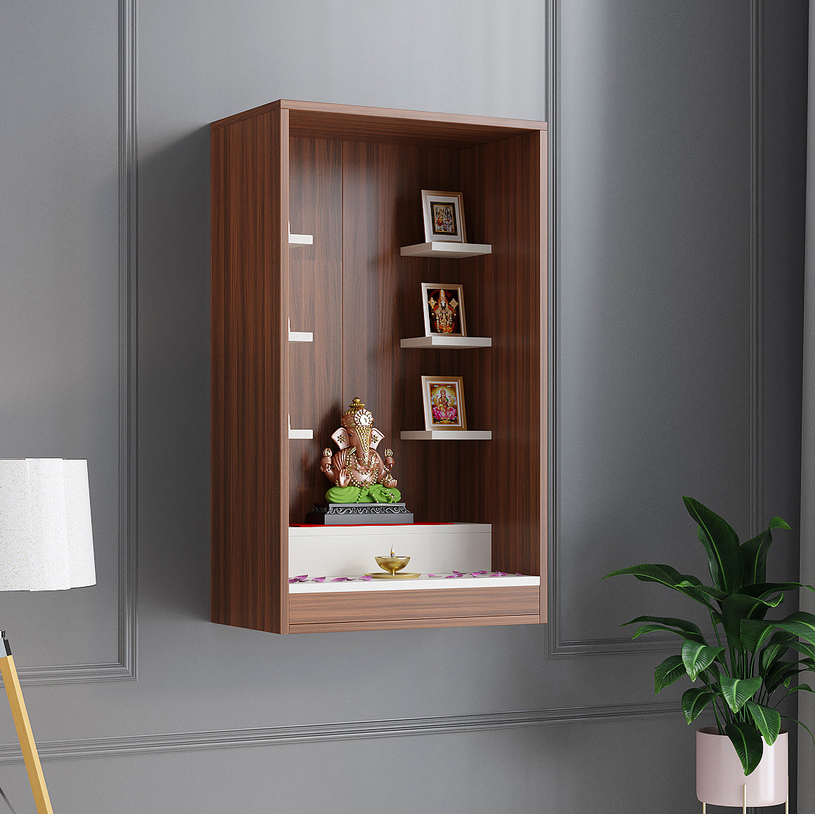 Ketki Pooja Mandir for Home, Modern Temple for Home & Office, Wall-Mount Puja Stand Shelf Exotic Teak & White Finish