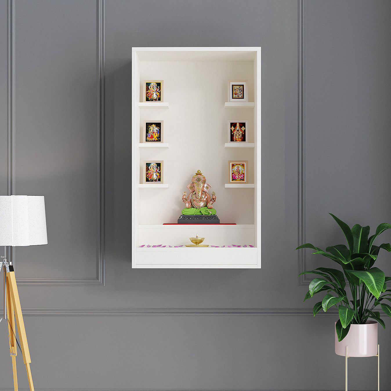 Ketki Pooja Mandir for Home, Modern Temple for Home & Office, Wall-Mount Puja Stand Shelf White Finish
