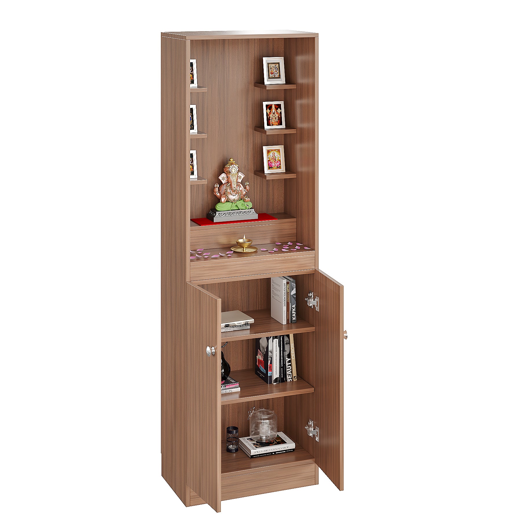 Adya Pooja Mandir for Home, Modern Temple for Home & Office, Prayer Cabinet Puja Stand Shelf in Exotic Teak Finish