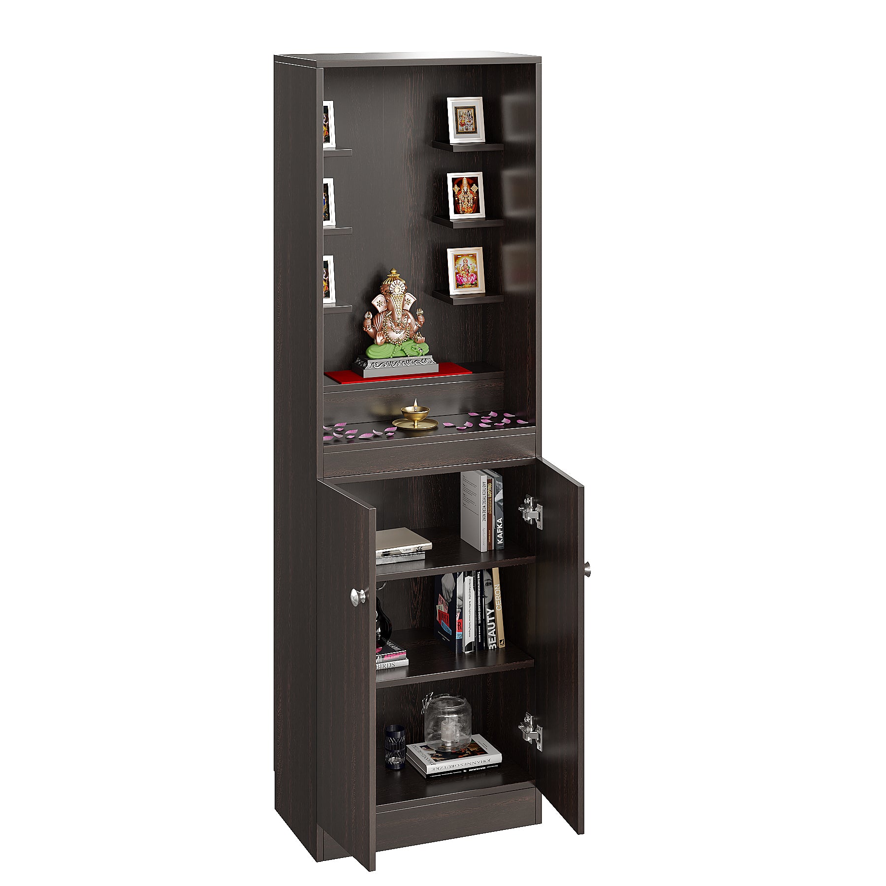 Adya Pooja Mandir for Home, Modern Temple for Home & Office, Prayer Cabinet Puja Stand Shelf in Wenge Finish